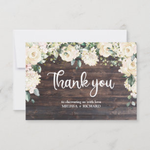 Rustic wood greenery white roses floral baby thank you card