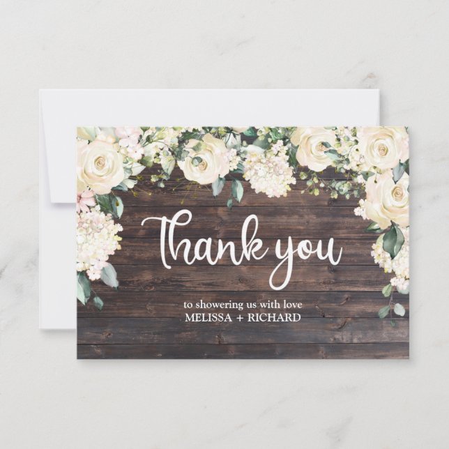 Rustic wood greenery white roses floral baby thank you card (Front)