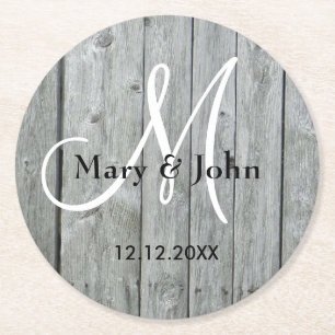 Rustic Wood Grey Wedding Monogram Round Paper Coaster