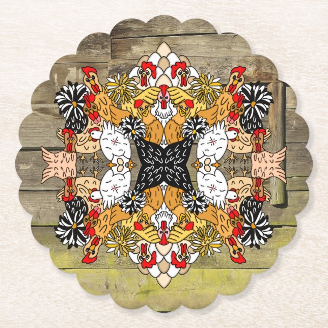 Rustic Wood Hand Drawn Funny Cartoon Chicken Art  Paper Coaster (Front)