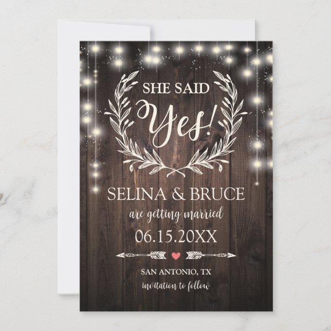 Rustic Wood Hanging Lights Save the Date Card (Front)