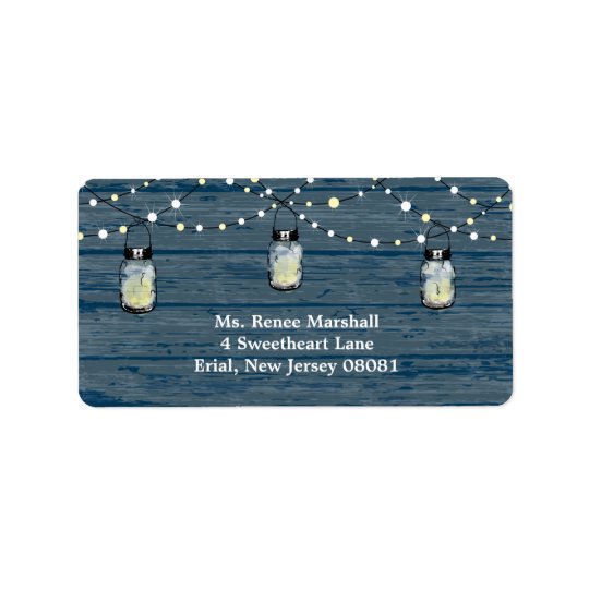 Rustic Wood Hanging Mason Jars and Lights Wedding Address Label