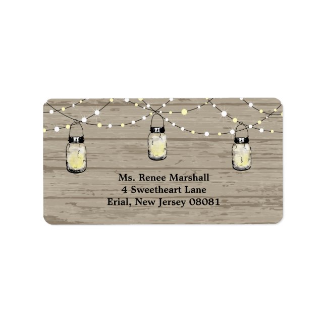 Rustic Wood Hanging Mason Jars and Lights Wedding Label (Front)