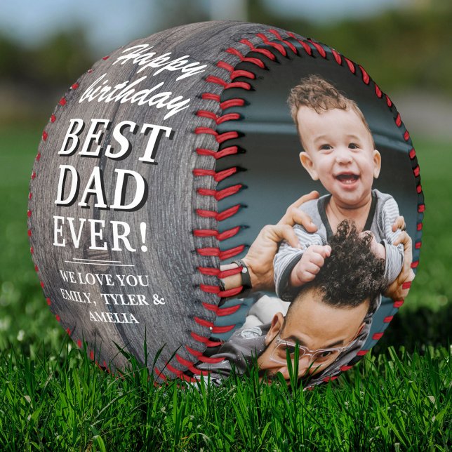 Rustic Wood Happy Birthday Best Dad Photo Collage Baseball (Creator Uploaded)