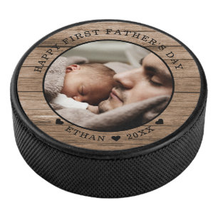 Rustic Wood Happy First Father's Day Photo Hockey Puck