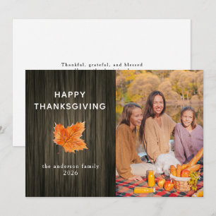 Rustic Wood Happy Thanksgiving Autumn Photo Holiday Card