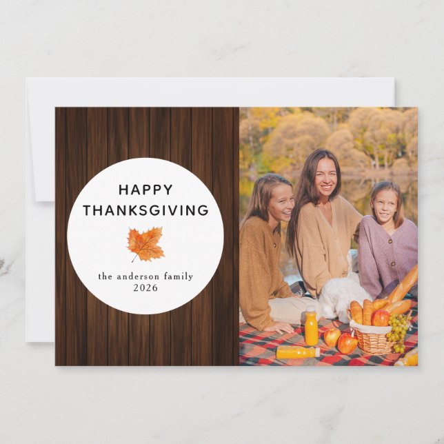 Rustic Wood Happy Thanksgiving Autumn Photo Holiday Card (Front)