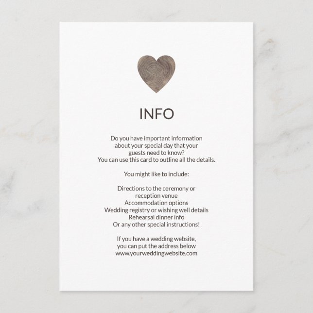 Rustic wood heart info / details card (Front)