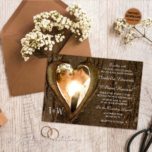 Rustic Wood Heart Photo Wedding Invitation