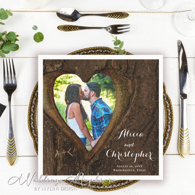 Rustic Wood Heart Photo Wedding Napkin (Creator Uploaded)