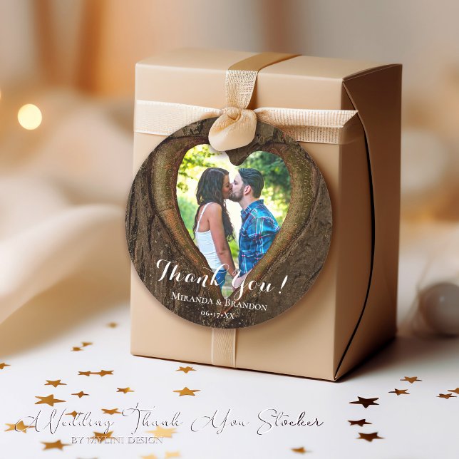 Rustic Wood Heart Photo Wedding Thank You Classic Round Sticker (Creator Uploaded)