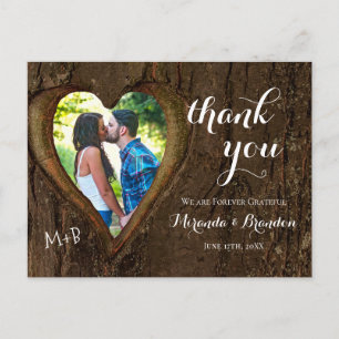 Rustic Wood Heart Photo Wedding Thank You Postcard