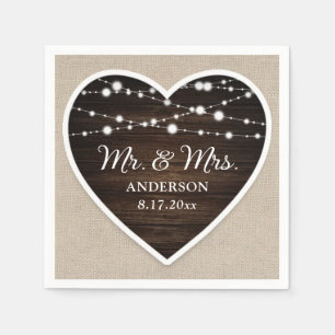 Rustic Wood Heart String Lights Mr and Mrs Wedding Napkin