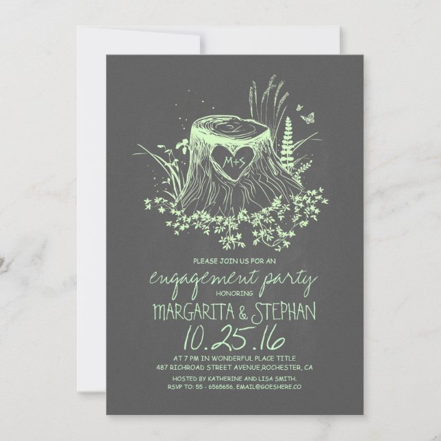 Rustic wood heart tree engagement party invite (Front)