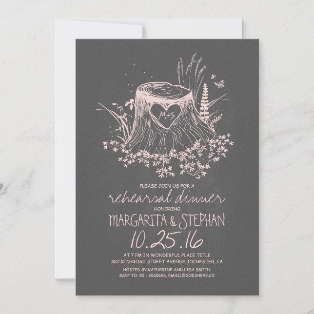 Rustic wood heart tree rehearsal dinner invite (Front)