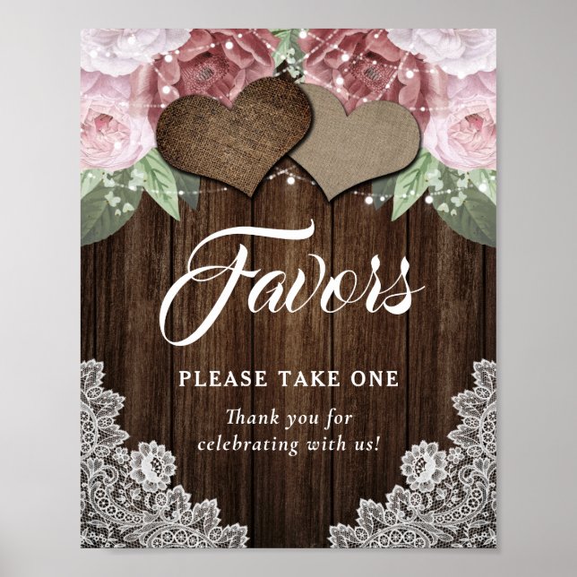 Rustic Wood Hearts Blush Pink Floral Wedding Favou Poster (Front)