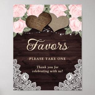 Rustic Wood Hearts Blush Pink Floral Wedding Favou Poster