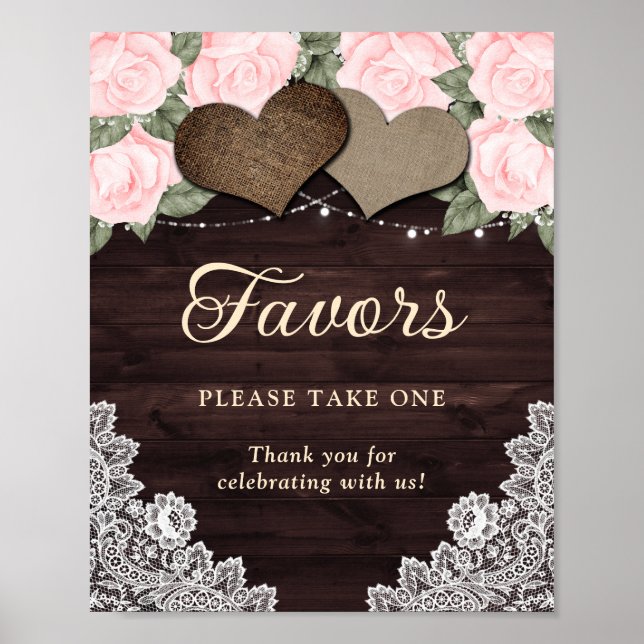 Rustic Wood Hearts Blush Pink Floral Wedding Favou Poster (Front)