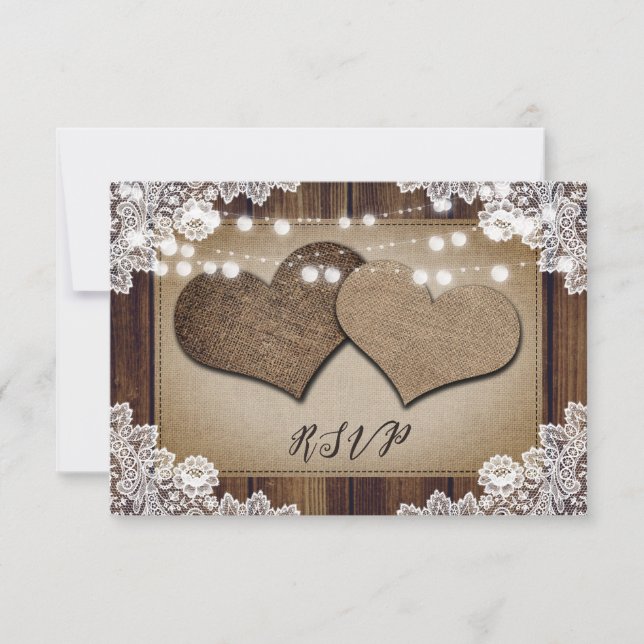 Rustic Wood Hearts Lace Wedding RSVP Meal Choice Card (Front)