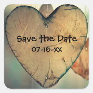 Rustic Wood Hearts Save the Date - Square Stickers