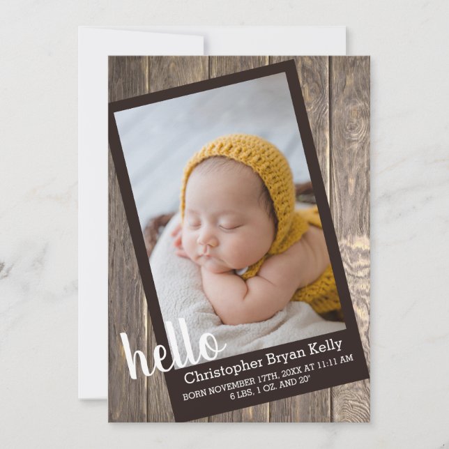 Rustic Wood Hello Birth Announcement (Front)