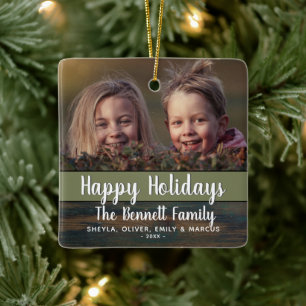 Rustic Wood Holiday Custom Family Photo Ceramic Ornament