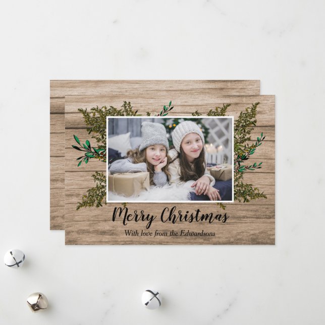 Rustic wood holly berryMerry Christmas photo card (Front/Back In Situ)