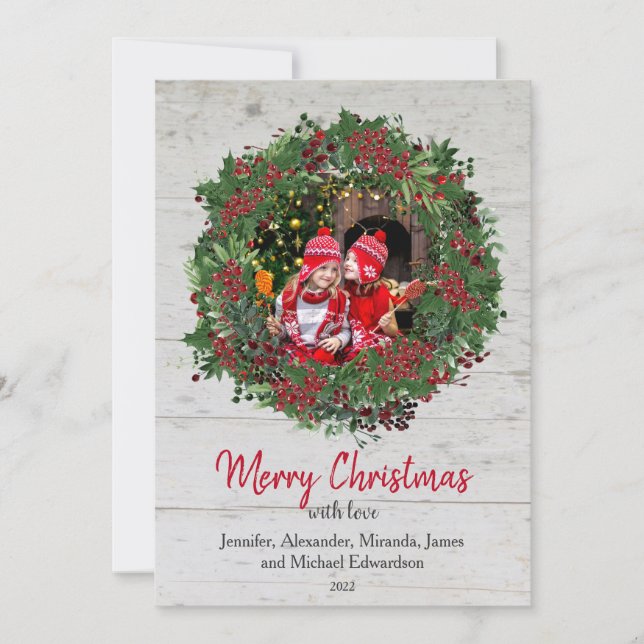 Rustic wood holly Merry Christmas family photo Holiday Card (Front)