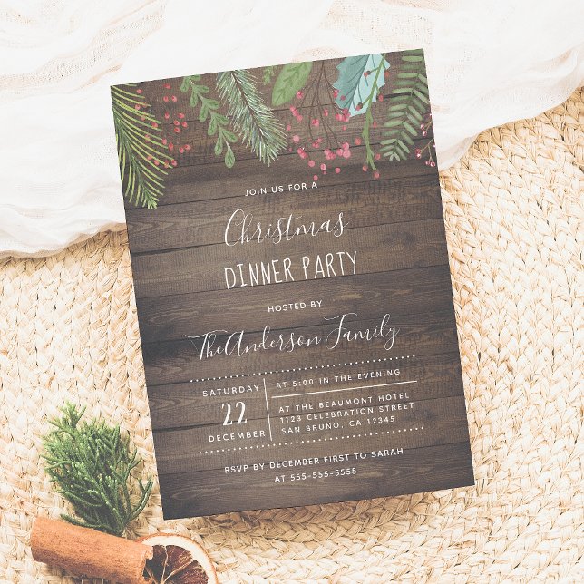 Rustic Wood Holly & Pine Holiday Party Invitation (Creator Uploaded)