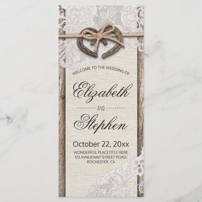 Rustic Wood Horseshoes Burlap Lace Wedding Program (Front)