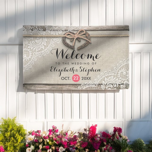 Rustic Wood Horseshoes Burlap Lace Wedding Welcome Banner (Creator Uploaded)