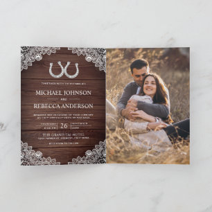 Rustic Wood Horseshoes Lace Photo QR Code Wedding Invitation