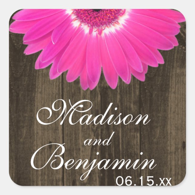 Rustic Wood Hot Pink Daisy Wedding Favour Stickers (Front)