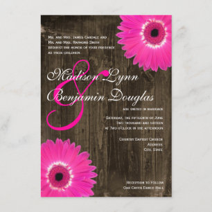 Rustic Wood Hot Pink Daisy Wedding Invitations