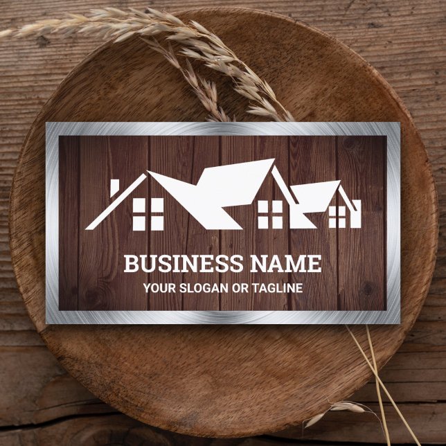 Rustic Wood House Roofing Construction Roofer Business Card (Creator Uploaded)