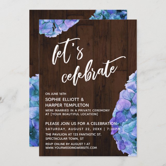 Rustic Wood Hydrangea Let's Celebrate Reception Invitation (Front/Back)