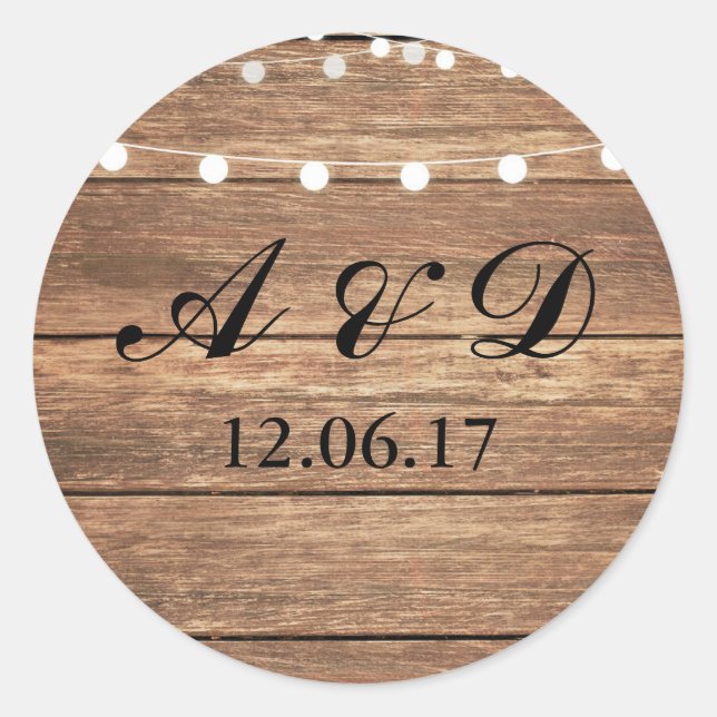 Rustic Wood Initials String Lights Stickers Label (Front)