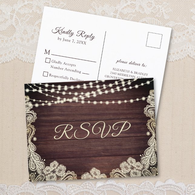 Rustic Wood Ivory Lace String Lights Wedding RSVP Invitation Postcard (Creator Uploaded)