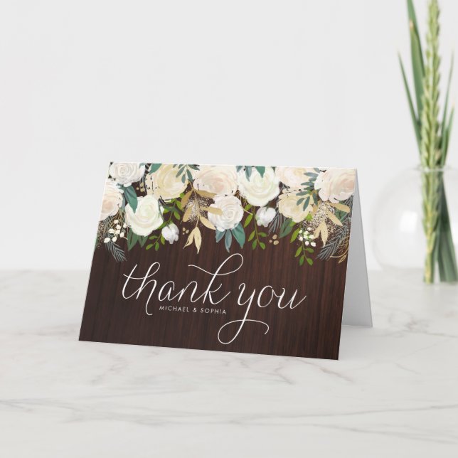 Rustic Wood Ivory Peonies and Gold Glitter Wedding Thank You Card (Front)