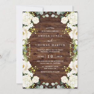 Rustic Wood Ivory White Floral Elegant Wedding  Invitation