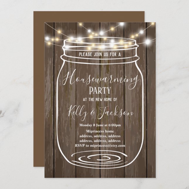 rustic wood, jar, housewarming party invitation (Front/Back)