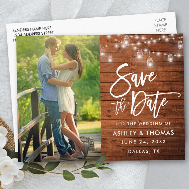 Rustic Wood Jar Lights Brush Script Save The Date Postcard (Customize to change your personalized text size or text style.)