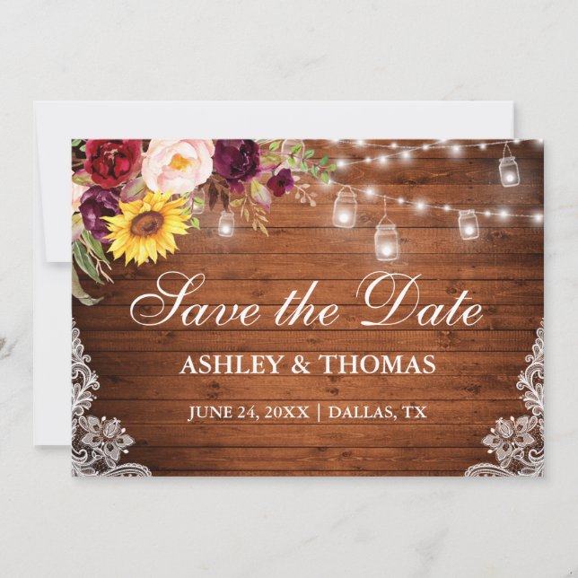 Rustic Wood Jar Lights Mixed Floral Lace Save The Date (Front)