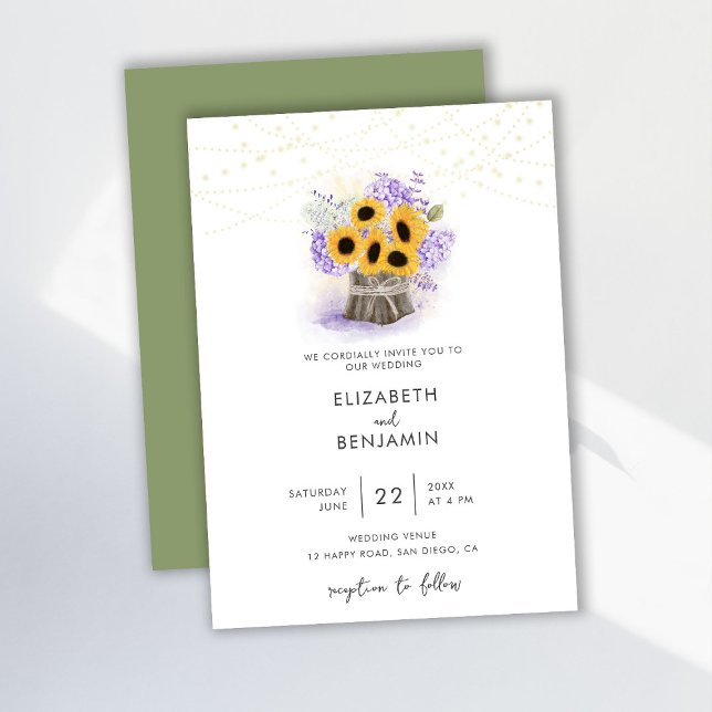 Rustic Wood Jar Sunflower Hydrangea Boho Wedding Invitation (Creator Uploaded)
