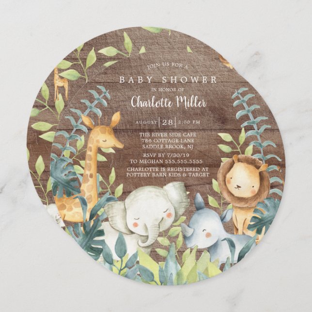 Rustic wood Jungle Animals Baby Shower Invitation (Front/Back)