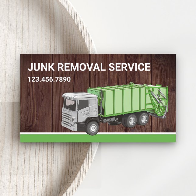 Rustic Wood Junk Removal Service Garbage Truck Business Card (Creator Uploaded)