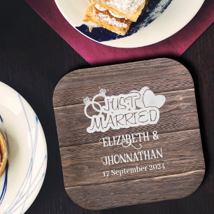 Rustic Wood Just Married White Typography Wedding Paper Plate
