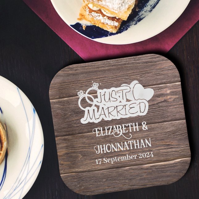 Rustic Wood Just Married White Typography Wedding Paper Plate (Creator Uploaded)