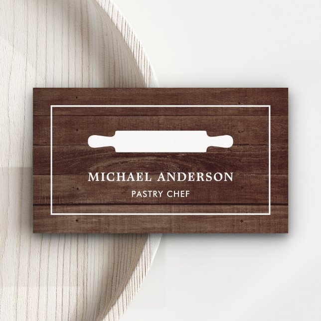 Rustic Wood Kitchen White Rolling Pin Pastry Chef Business Card (Creator Uploaded)