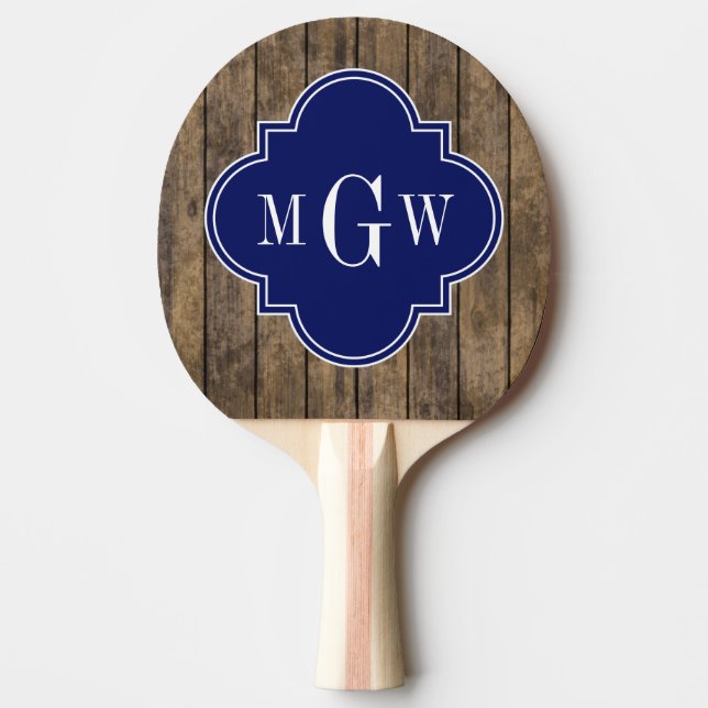 Rustic Wood L Planks #1 Navy Quatrefoil 3 M'gram Ping Pong Paddle (Front)